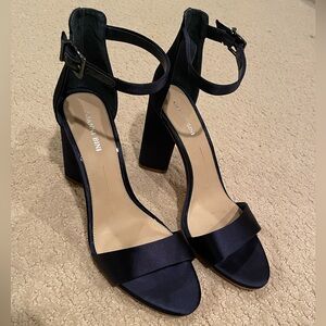 Women's Navy Satin Heeled Sandals by Gianni Bini